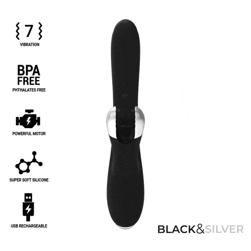 Vibratore con Stimolatore Clitoride Rotante BlackSilver Bunny Vibratore con Stimolatore Clitoride Rotante BlackSilver Bunny